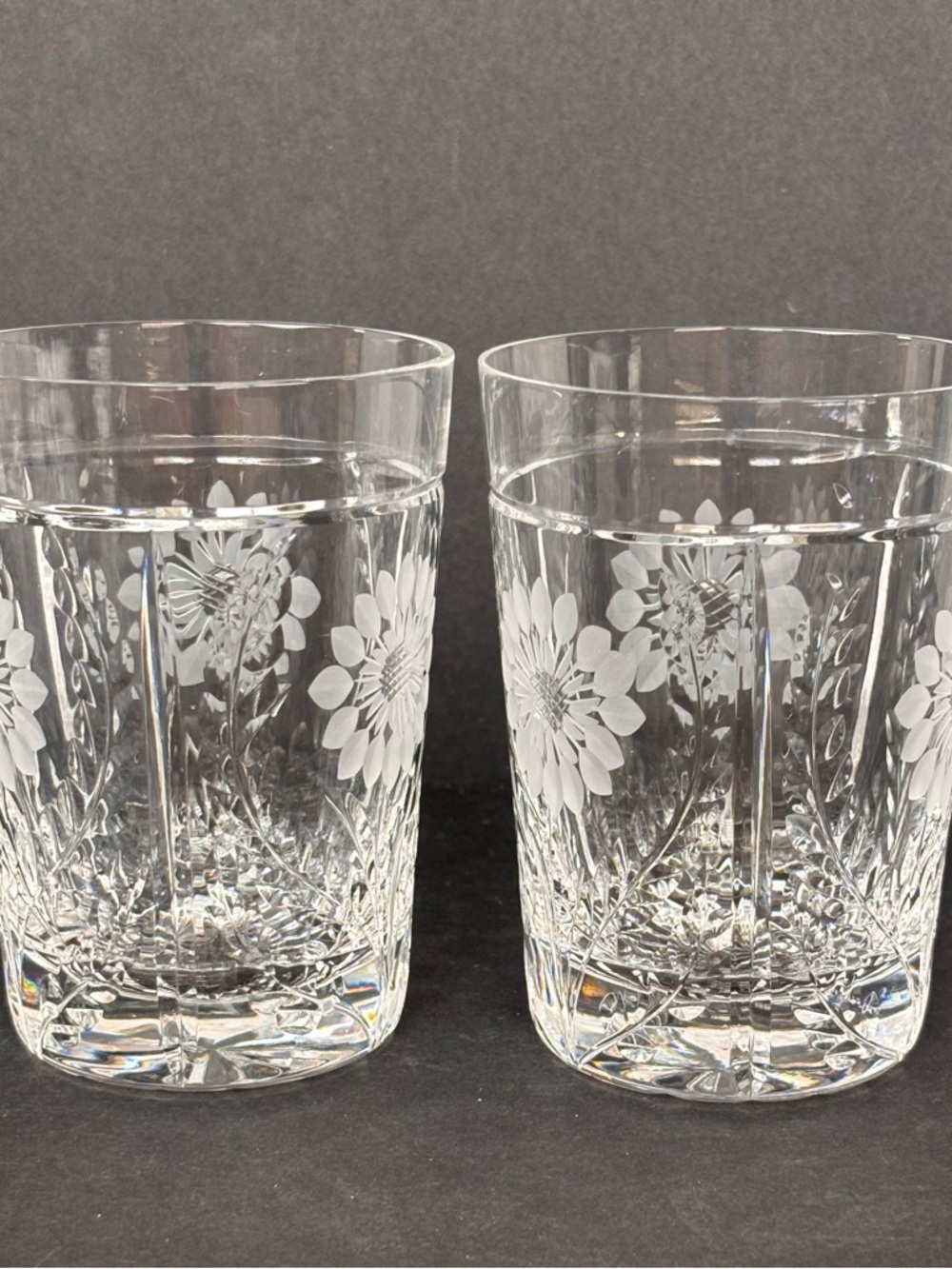 Pair Royal Brierley Etched Crystal Tumblers - Kensington Palace Flower Sunflower - Picture 4 of 10